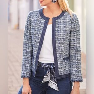 Talbots Chambrey Trim Tweed Blazer 6P Blue White Classic Career Preppy Academia